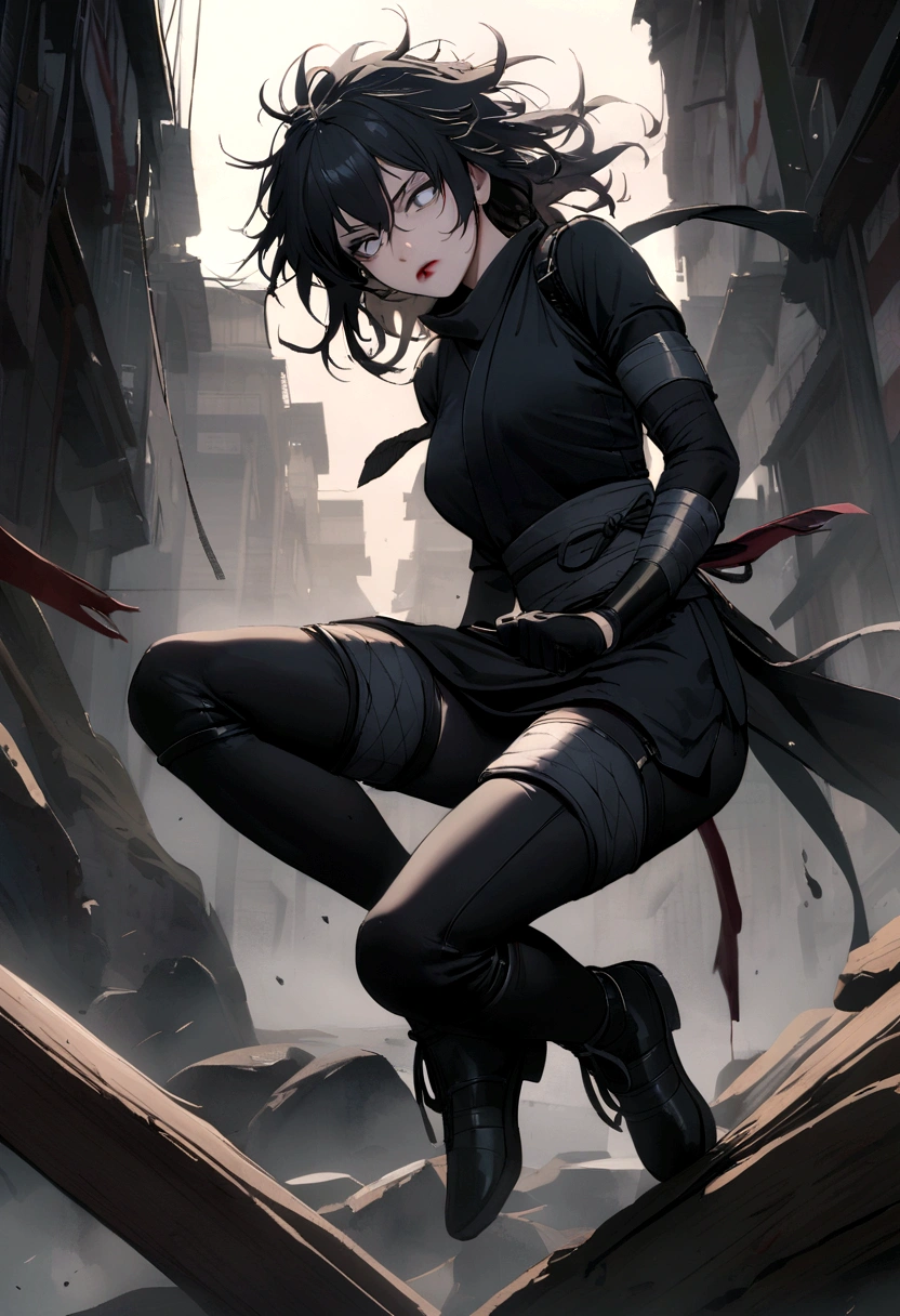 ninja , female , messy hair , white eyes , bloody , high black shoes, black gloves