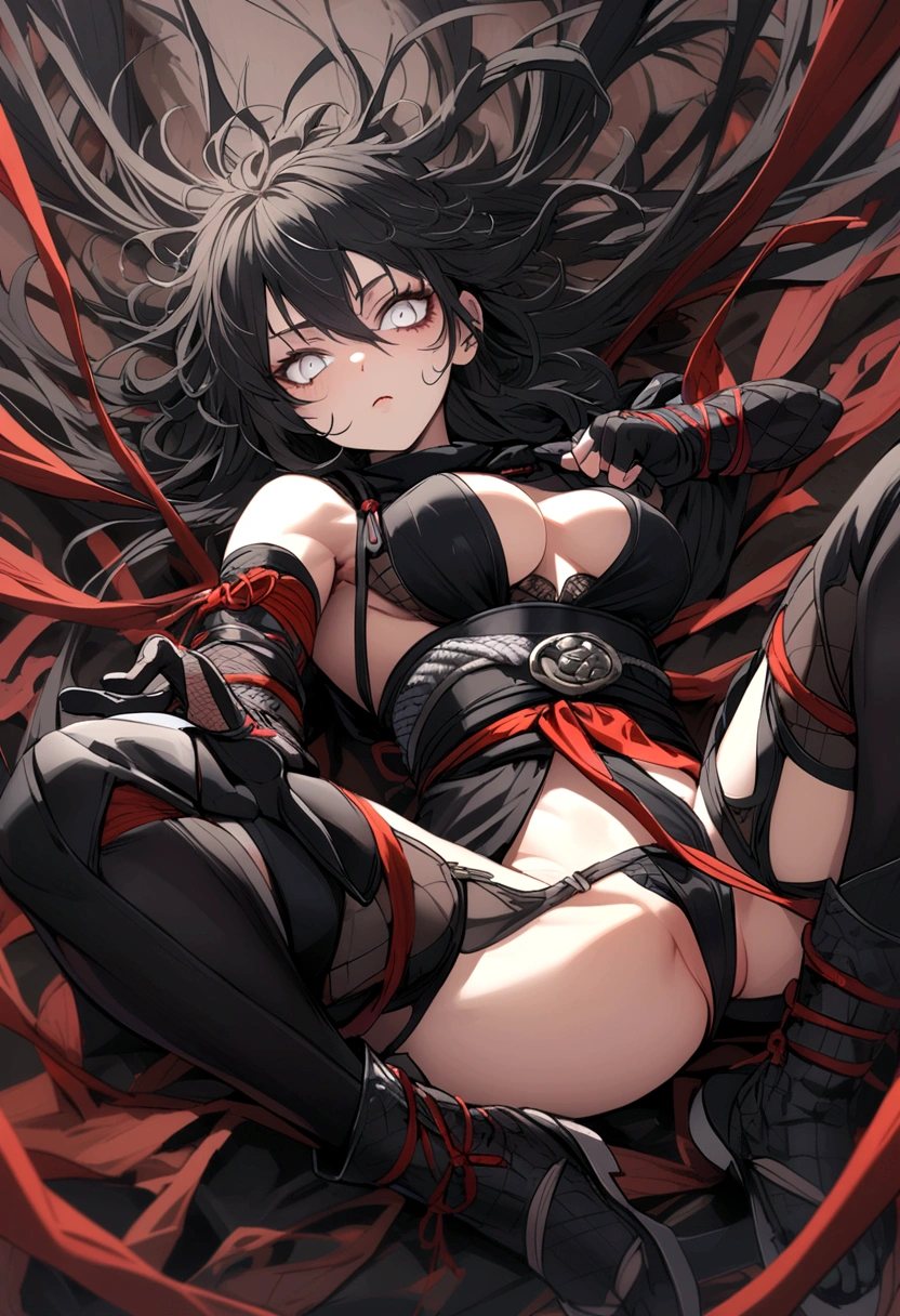 ninja , female , messy hair , white eyes , bloody , high black shoes, black gloves