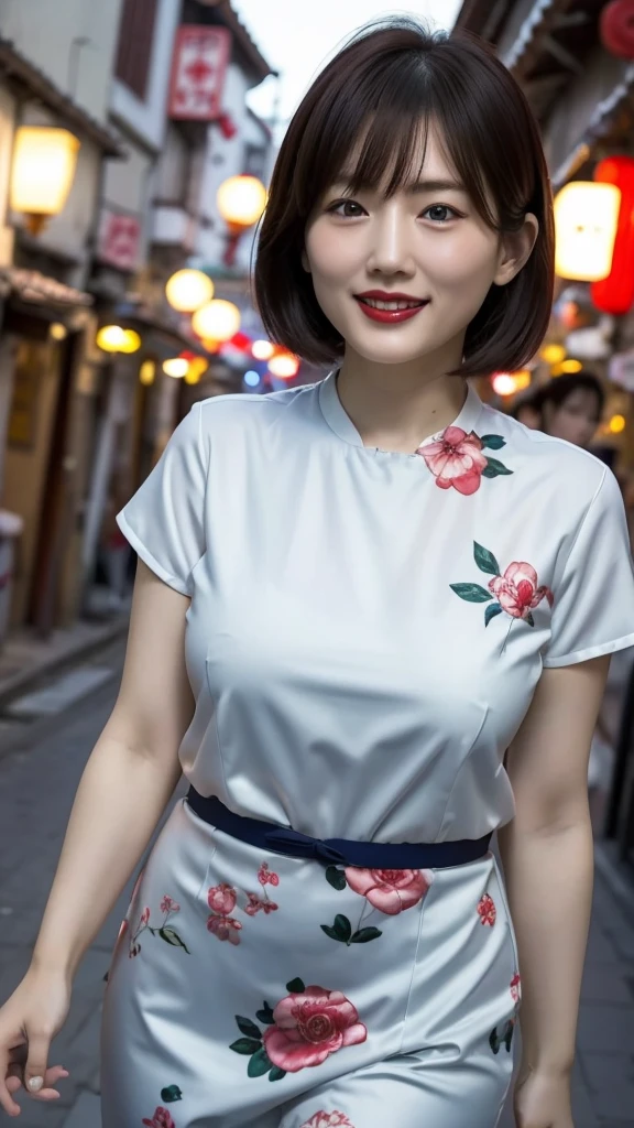 Japanese women、One person、Living in 昔のChinatown、Slightly chubby、Chinese style hair、Laughing with your mouth open、Red lipstick、Short sleeve blue cheongsam、Sexy pose、Very short、Old town、Chinatown at night、The lighting is bright、
