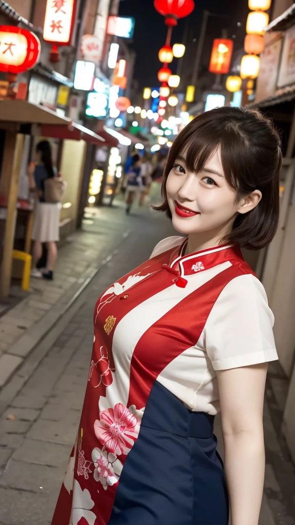 Japanese women、One person、Living in 昔のChinatown、Slightly chubby、Chinese style hair、Laughing with your mouth open、Red lipstick、Short sleeve blue cheongsam、Sexy pose、Very short、Old town、Chinatown at night、The lighting is bright、