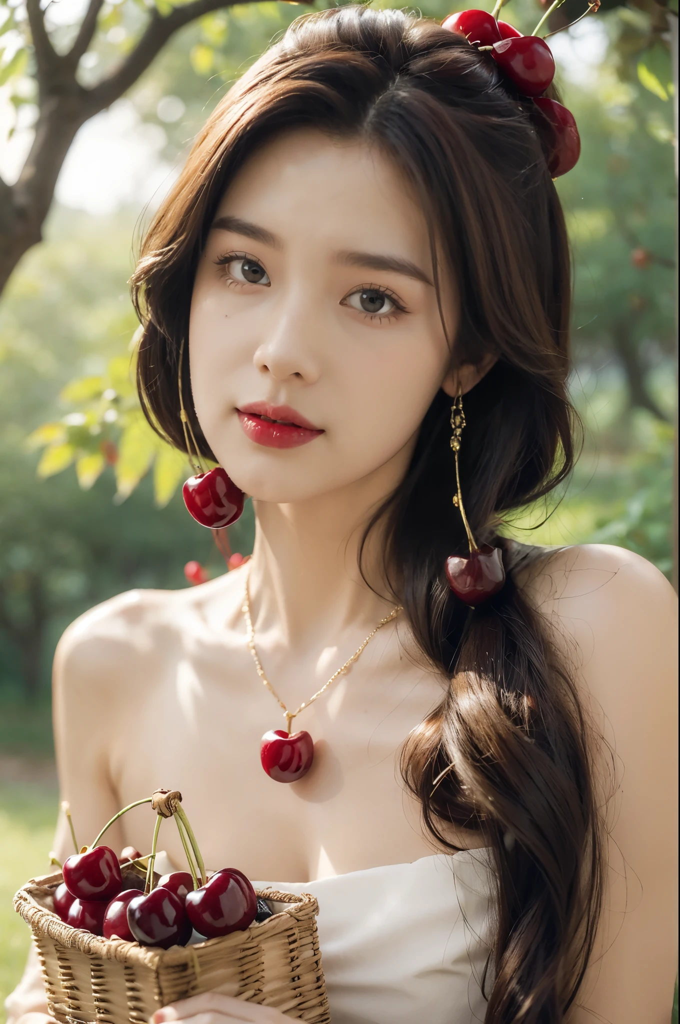 (((best quality))),(((ultra detailed))),(((masterpiece))),illustration,1 beautiful girl,solo,earrings,necklace,medium straight hair,slim,flat chest,strapless red bra,summer,(cherry orchard full of red cherries:1.3),sunlight,dappled light,fair skin,smile,(ripest cherries on the trees:1.3),red lips,peaceful,summer breeze,hair fluttering,setting sun,radiant hue,beauty grace,basket,close-up of face