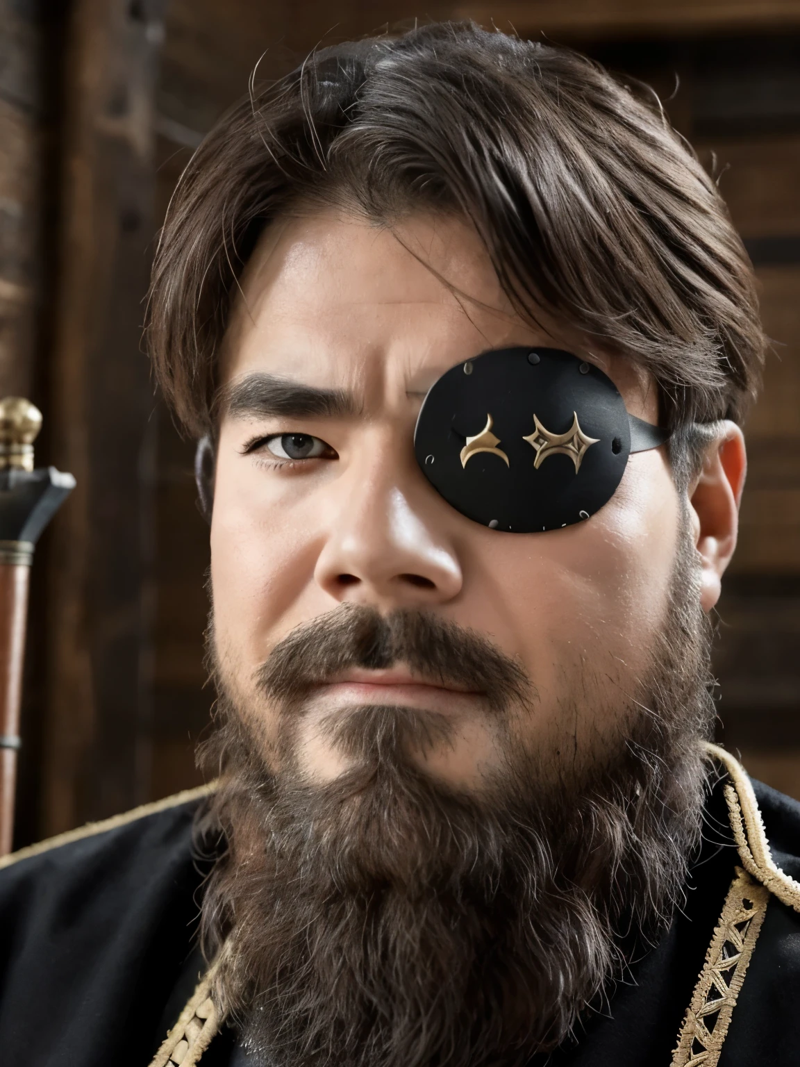 (Eye patch). boy, beard, alone, A historic warrior、戦場の中でEye patchをつけて戦う姿を描いた画像。Surrounding yourself with ancient and medieval weapons and armor makes it even more impressive.。