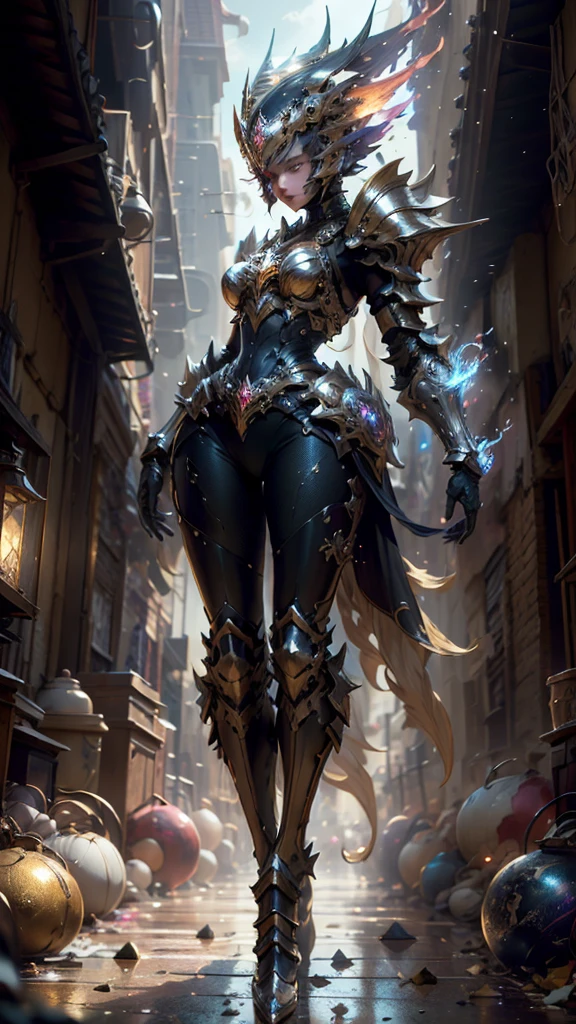 A woman adorned in fantasy-style full-body armor, a crown-concept fully enclosed helmet that unveils only her eyes, a composite layered chest plate, fully encompassing shoulder and hand guards, a lightweight waist armor, form-fitting shin guards, the overall design is heavy-duty yet flexible, (the armor gleams with a golden glow, complemented by red and blue accents), exhibiting a noble aura, she floats above a fantasy-surreal high-tech city, this character embodies a finely crafted fantasy-surreal style armored hero in anime style, exquisite and mature manga art style, (mixture of Queen bee and Spider concept Armor, plasma), ((Element, elegant, goddess, femminine:1.5)), metallic, high definition, best quality, highres, ultra-detailed, ultra-fine painting, extremely delicate, professional, anatomically correct, symmetrical face, extremely detailed eyes and face, high quality eyes, creativity, RAW photo, UHD, 32k, Natural light, cinematic lighting, masterpiece-anatomy-perfect, masterpiece:1.5