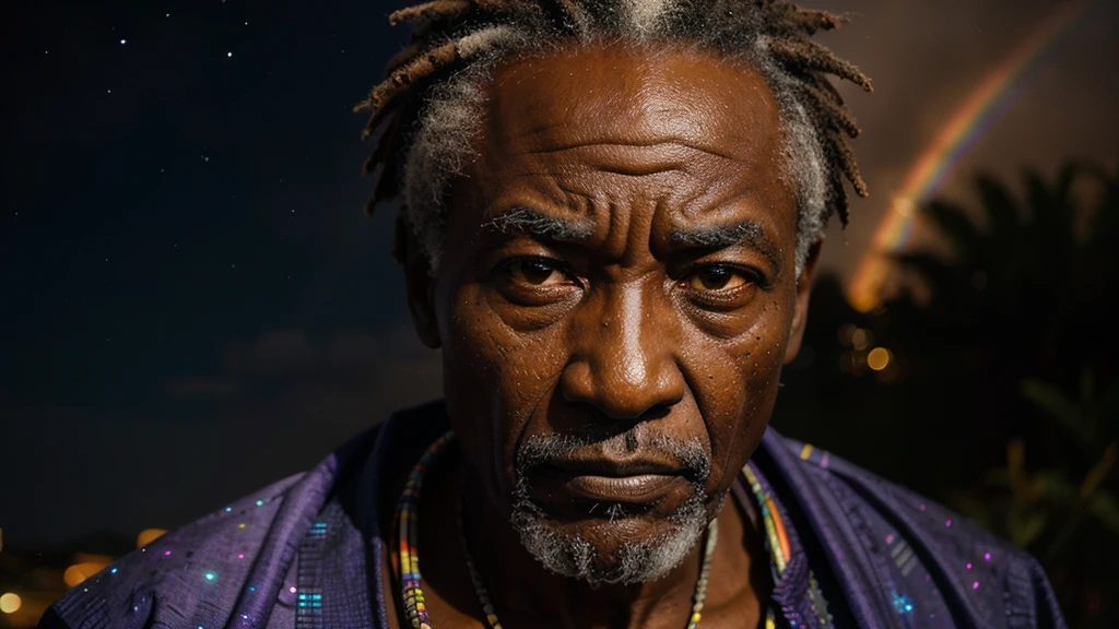 an elderly, african sage under a night sky, his face highlighted with translucent rainbow hues, telling stories of the past and future, intertwining fate with diversity, handsome face, ultra high definition, super detail, fierce, aggressive, authoritative aura, very angry face, mad