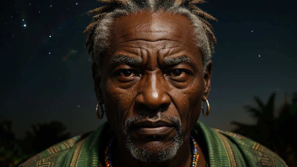 an elderly, african sage under a night sky, his face highlighted with translucent rainbow hues, telling stories of the past and future, intertwining fate with diversity, handsome face, ultra high definition, super detail, fierce, aggressive, authoritative aura, very angry face, mad