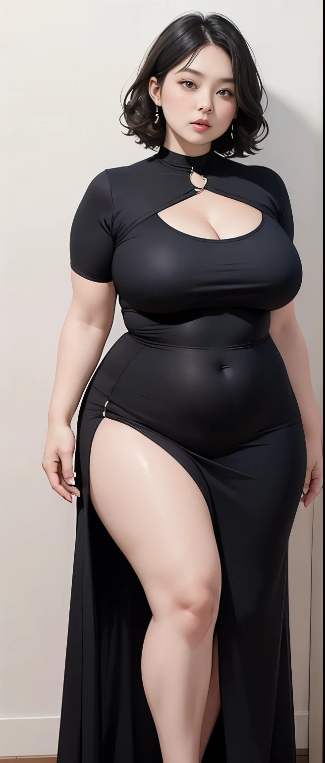 Chubby woman with chubby belly and tight thighs, full body, 50-year-old mature woman, thick hips, thick neck, thick chest, big eyes, wearing a longest dress, wavy medium short hair, Height 170 cm , full body