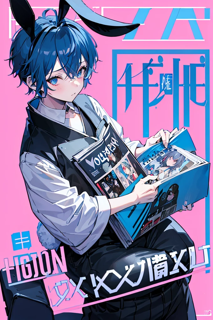 ((1boy)), hair ornament, blue hair, rabbit ears, playboy bunny, black shorts, (Boy Messy Japanese Round Haircut for Thick Hair), bangs, leotard, blue eyes, detached collar, pink background, simple background, (solo)), (magazine:1.3), (cover-style:1.3), fashionable,  (masterpiece, best quality, high quality, highres, ultra-detailed)