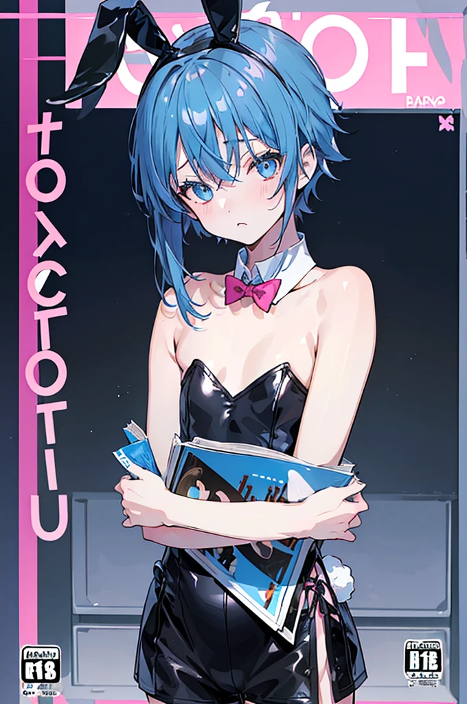((1boy)), hair ornament, blue hair, rabbit ears, playboy bunny, black shorts, (Boy Messy Japanese Round Haircut for Thick Hair), bangs, leotard, blue eyes, detached collar, pink background, simple background, (solo)), (magazine:1.3), (cover-style:1.3), fashionable, (masterpiece, best quality, high quality, highres, ultra-detailed)