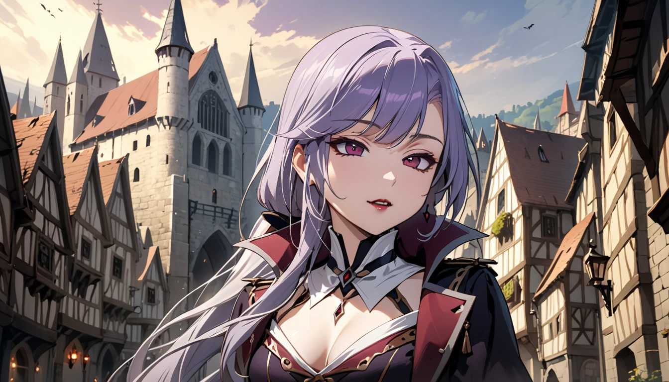 (masterpiece, best quality:1.2), 1girl, solo, Sonata, purple hair, vampire, medieval city background, Sonata