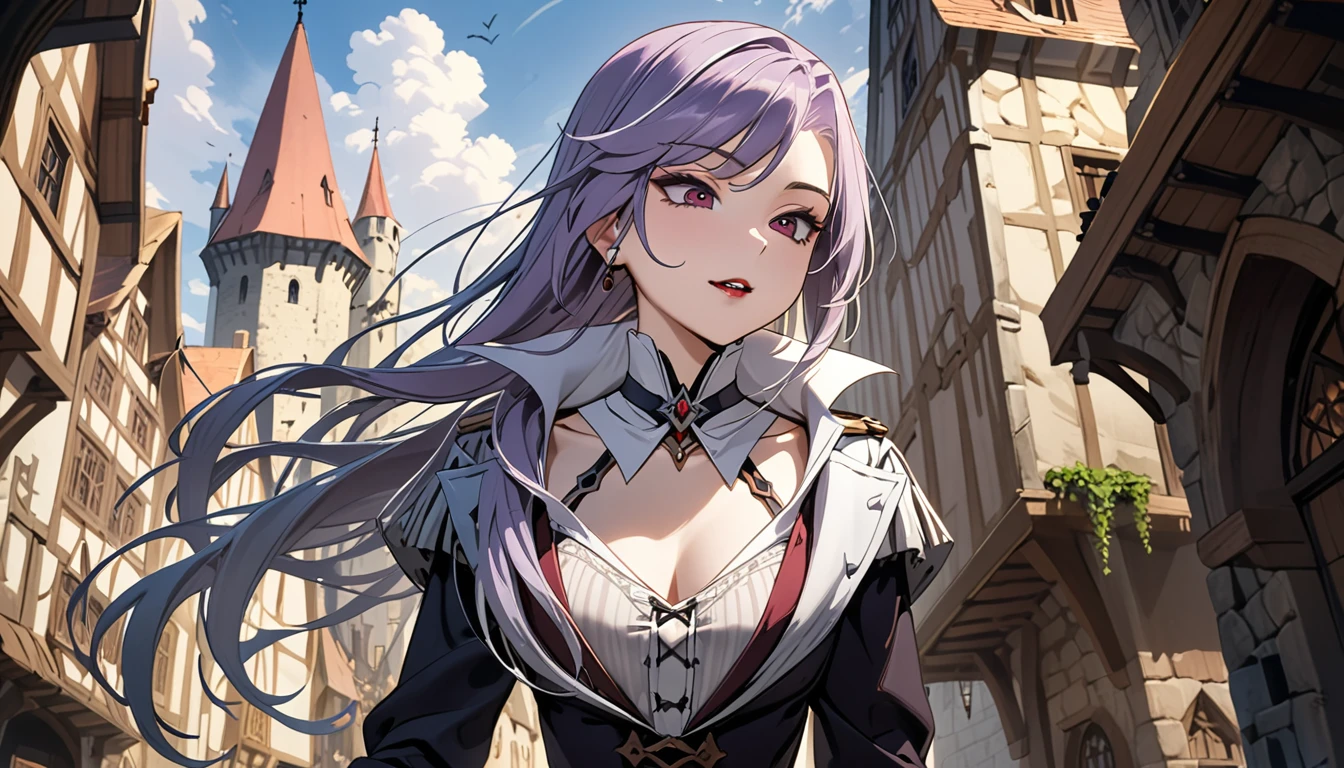 (masterpiece, best quality:1.2), 1girl, solo, Sonata, purple hair, vampire, medieval city background, Sonata