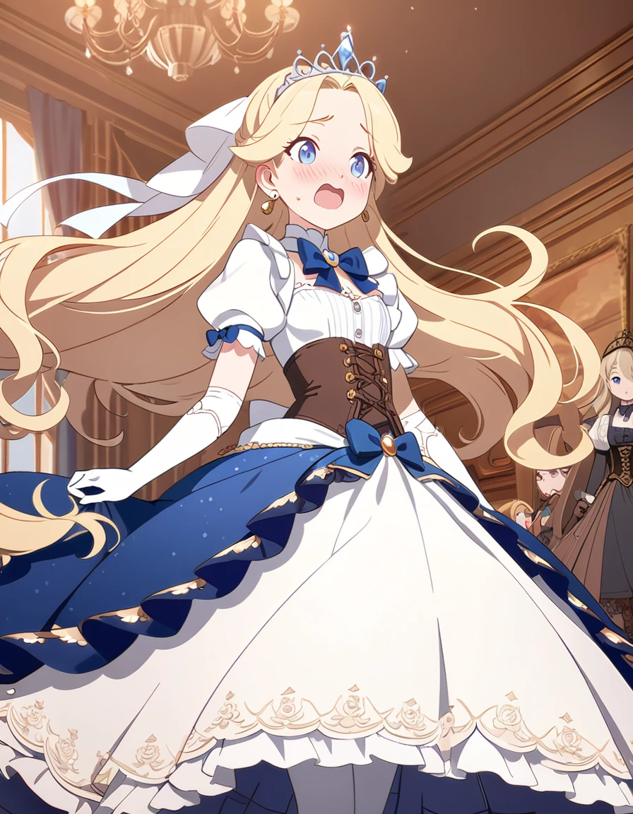 (best quality,4k,8k,highres,masterpiece:1.2),ultra-detailed, 16 years old prince magically transformed into a cute seven years old princess, is embarrassed, gender bending, fantasy, royalty, fantastic transformation, drawn in anime art style, steampunk, childlike, young girl, blond hair and blue eyes, blushing, flat chested, blue and white princess gown with puffy sleeves, physically-based rendering,gorgeous dress design,flowing gown,elaborate lace details,rich textures,contrast stitching,delicate ribbon bows,floral accents,long maxi skirt,short sleeves,fitted waistline,lace-up back,luxurious fabrics,flawless silhouette, bow tie, petticoat, white pantyhose, white elbow gloves, corset, gold earrings and necklace, tiara, hair ribbons, mary jane shoes, standing in a castle bedroom.
