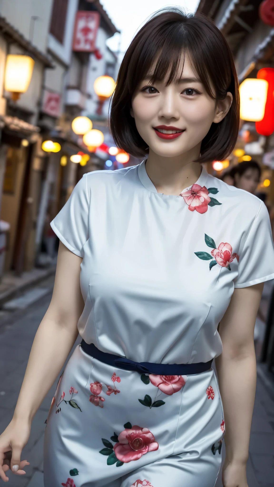 Japanese women、One person、Living in 昔のChinatown、Slightly chubby、Chinese style hair、Laughing with your mouth open、Red lipstick、Short sleeve blue cheongsam、Sexy pose、Very short、Old town、Chinatown at night、The lighting is bright、
