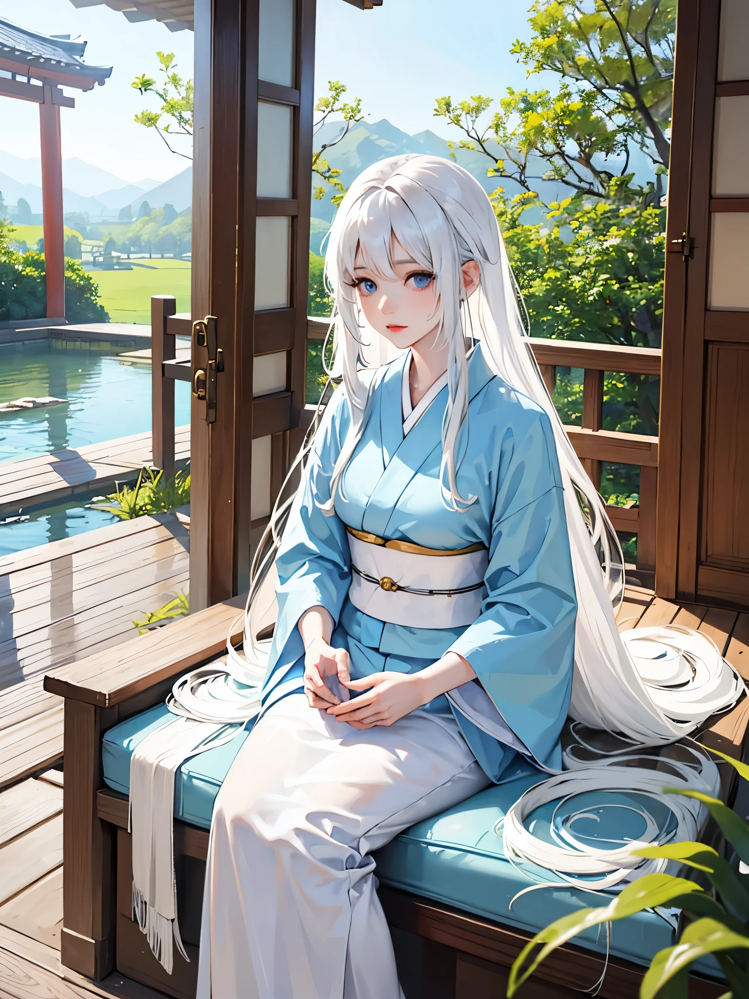 High quality, Japanese girl, long white hair, side bangs, blue eyes, beautiful, wide-eyed and beautiful, white skin, wearing a light blue kimono, sitting near the open shoji door with a beautiful view, early morning, morning sun, calming atmosphere.