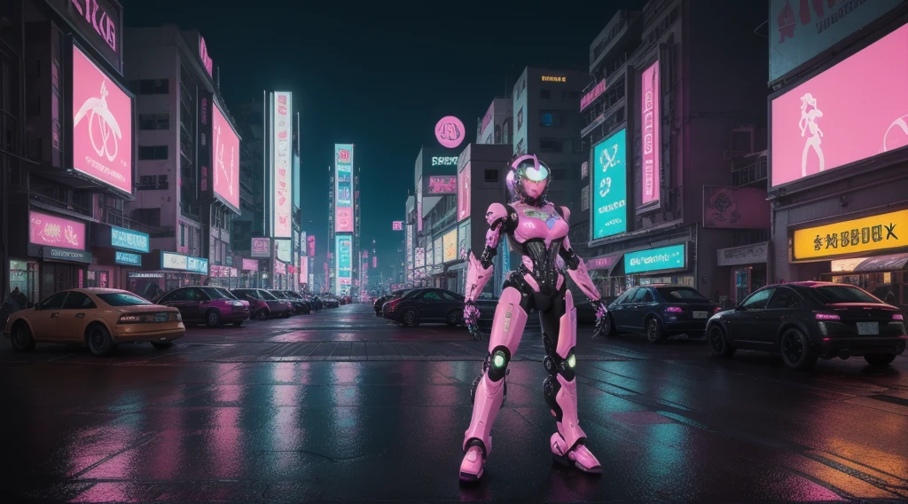 masterpiece, High resolution, 8k, wonderful, landscape, background, ((RAW Photos)), ((Realistic)), Cyberpunk Style, cute, pink, Neon Magenta, pastel colour, robot