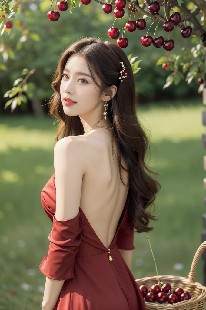 (((best quality))),(((ultra detailed))),(((masterpiece))),illustration,1 beautiful girl,solo,earrings,necklace,medium straight hair,slim,red dress,summer,(cherry orchard full of red cherries:1.3),sunlight,dappled light,fair skin,smile,(ripest cherries on the trees:1.3),red lips,peaceful,summer breeze,hair fluttering,setting sun,radiant hue,beauty grace,basket,upper body,from back,bare back,towering hips,butt crack