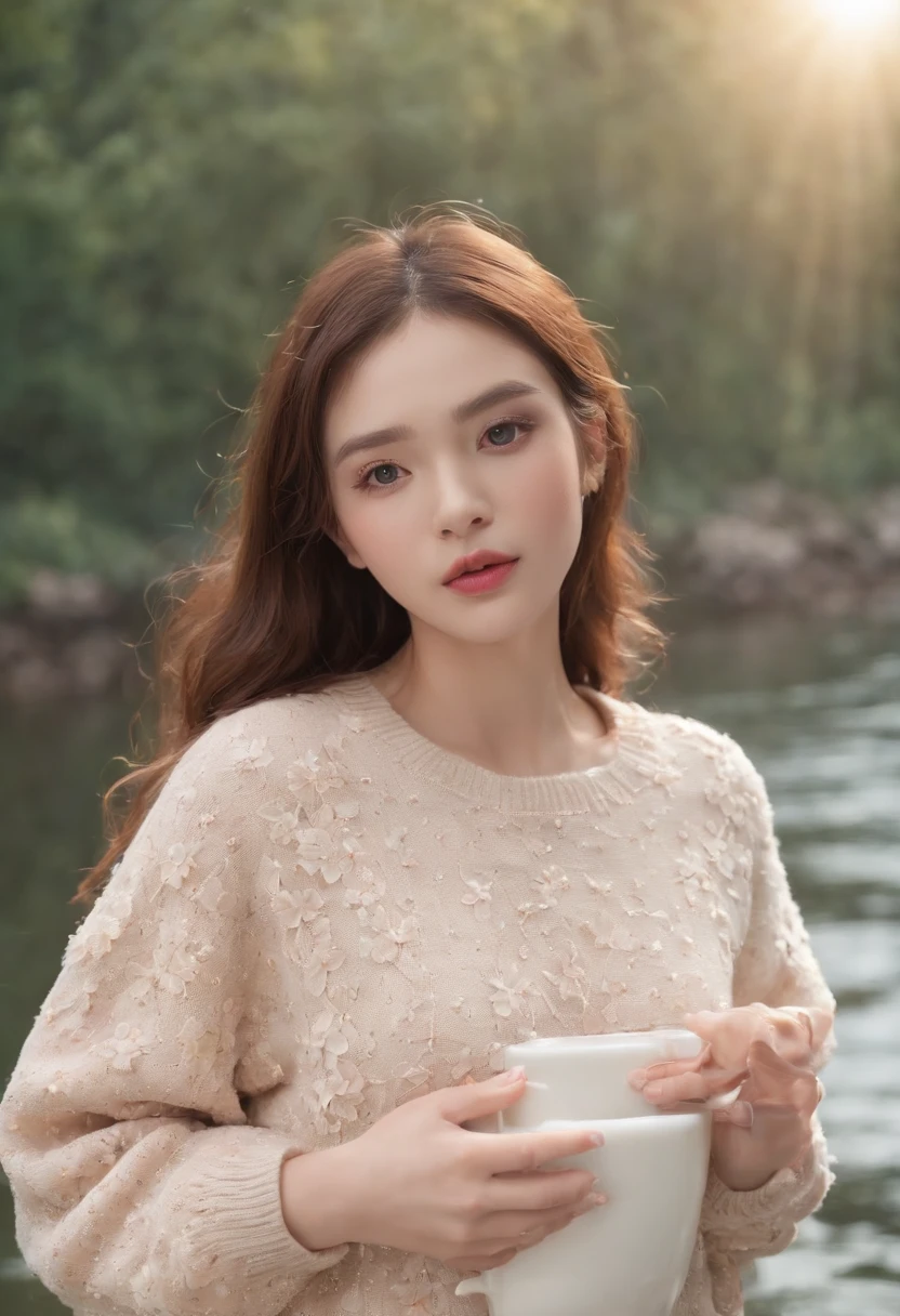 1girl walking on the river, mix4, sweater, pillow, lips, open_mouth, realistic, photo_\(medium\), solo, stuffed_animal, stuffed_toy, teddy_bear, (masterpiece), (realism: 1.3), super detailed, (High detail skin: 1.2), (Best quality: 1.0), (Ultra resolution: 1.0), (ULZZANG-6500: 0.3), wavy detail hair, long hair, sunshine, (beautiful detail makeup), (sexually aroused blush, heavy breath: 1.0), floral theme petals scattered, (soft light bloom: 0.5)