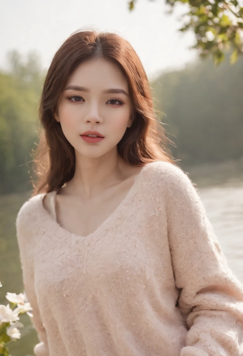 1girl walking on the river, mix4, sweater, pillow, lips, open_mouth, realistic, photo_\(medium\), solo, stuffed_animal, stuffed_toy, teddy_bear, (masterpiece), (realism: 1.3), super detailed, (High detail skin: 1.2), (Best quality: 1.0), (Ultra resolution: 1.0), (ULZZANG-6500: 0.3), wavy detail hair, long hair, sunshine, (beautiful detail makeup), (sexually aroused blush, heavy breath: 1.0), floral theme petals scattered, (soft light bloom: 0.5)