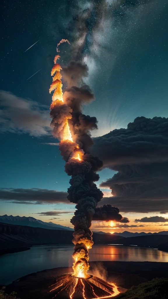 In this unique and harmonious landscape, an active volcano erupts with vibrant flames and incandescent lava, surrounded by a serene lake whose crystal clear water reflects the glow of the flames. Ancient trees with roots entwined in amethyst and emerald crystals grow in a lush green plain, while the blue sky is adorned by white clouds moved by a gentle breeze, with colorful birds flying in freedom.






