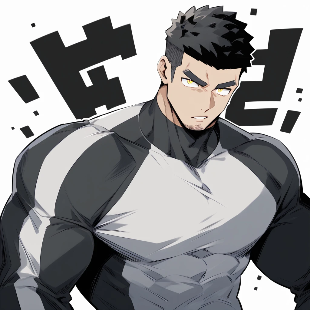 one negro, anime characters：Gyee, Hibino Kafka, One Muscle Sports Student, negro black skin, Very Black, muscular tough guy, Manliness, male focus, Grey long sleeve turtleneck tight t-shirt, Regular symmetrical pattern, Very tight, muscular male, muscular, only, Upper body, alone, Black short hair, Thick eyebrows, stubble, Yellow eyes, White background, simple background, amazing quality, best aesthetics, Ridiculous, bright pupils, crew cut, parted lips, v-shaped eyebrows, jitome, best quality