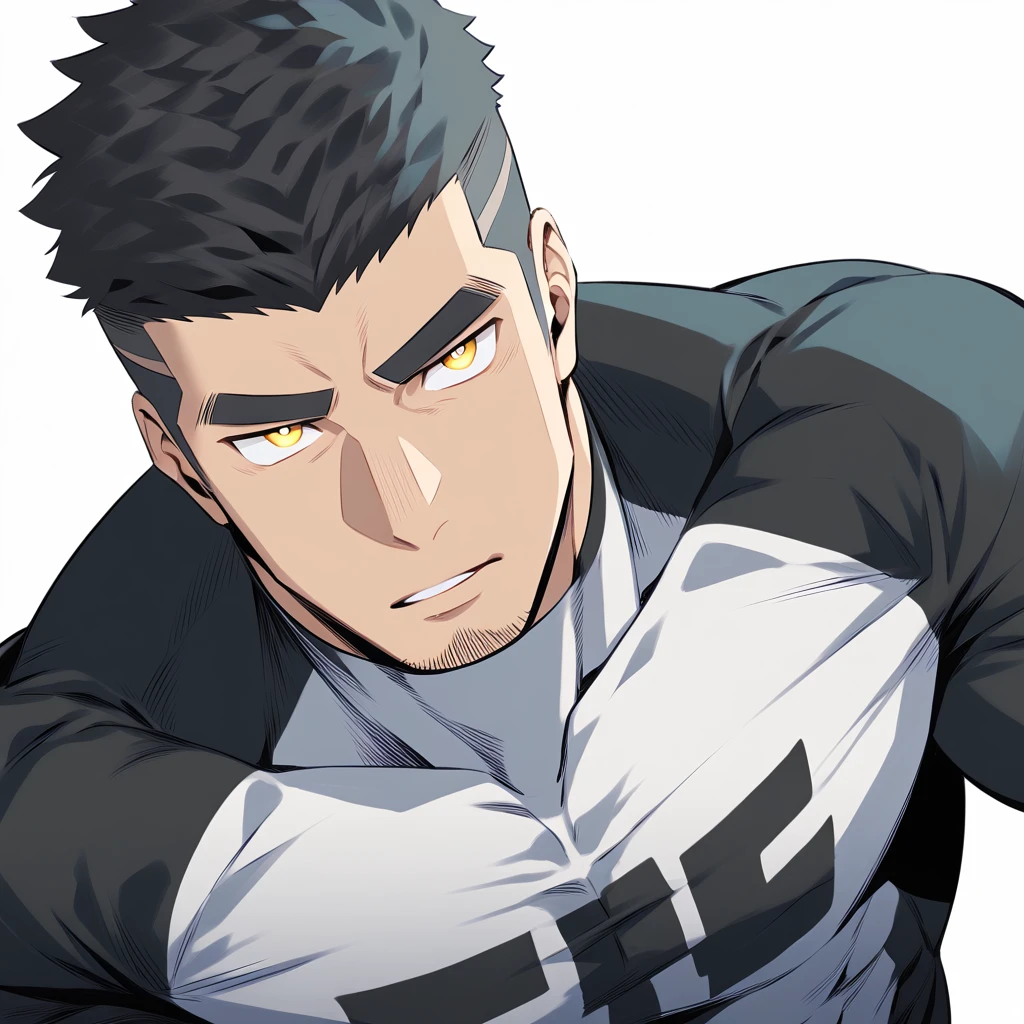 one negro, anime characters:Gyee, Hibino Kafka, One Muscle Sports Student, negro black skin, Very Black, muscular tough guy, Manliness, male focus, Grey long sleeve turtleneck tight t-shirt, Regular symmetrical pattern, Very tight, muscular male, muscular, only, Upper body, alone, Black short hair, Thick eyebrows, stubble, Yellow eyes, White background, simple background, amazing quality, best aesthetics, Ridiculous, bright pupils, crew cut, parted lips, v-shaped eyebrows, jitome, best quality
