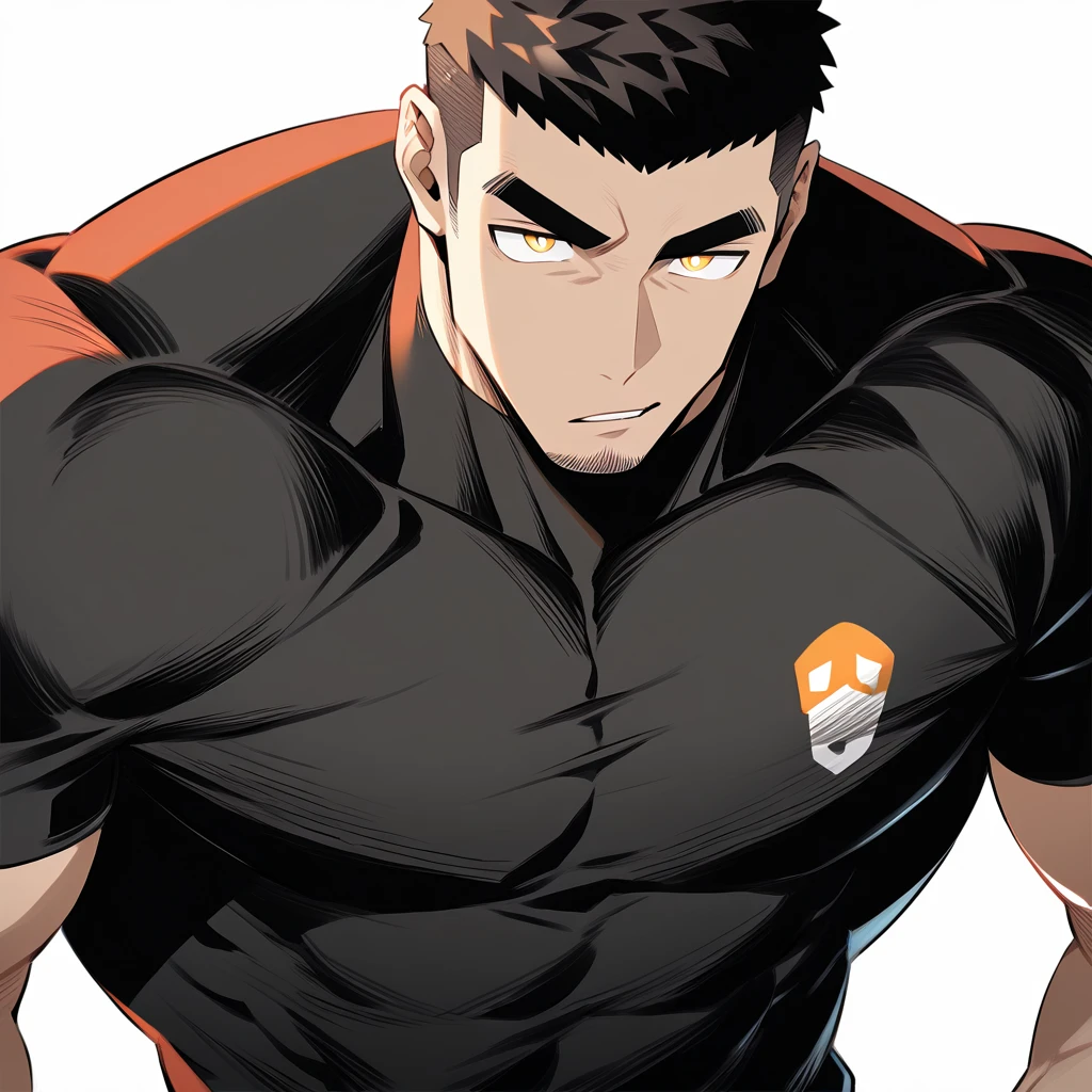 one negro, anime characters:Gyee, Hibino Kafka, One Muscle Sports Student, negro black skin, Very Black, muscular tough guy, Manliness, male focus, Grey long sleeve turtleneck tight t-shirt, Regular symmetrical pattern, Very tight, muscular male, muscular, only, Upper body, alone, Black short hair, Thick eyebrows, stubble, Yellow eyes, White background, simple background, amazing quality, best aesthetics, Ridiculous, bright pupils, crew cut, parted lips, v-shaped eyebrows, jitome, best quality