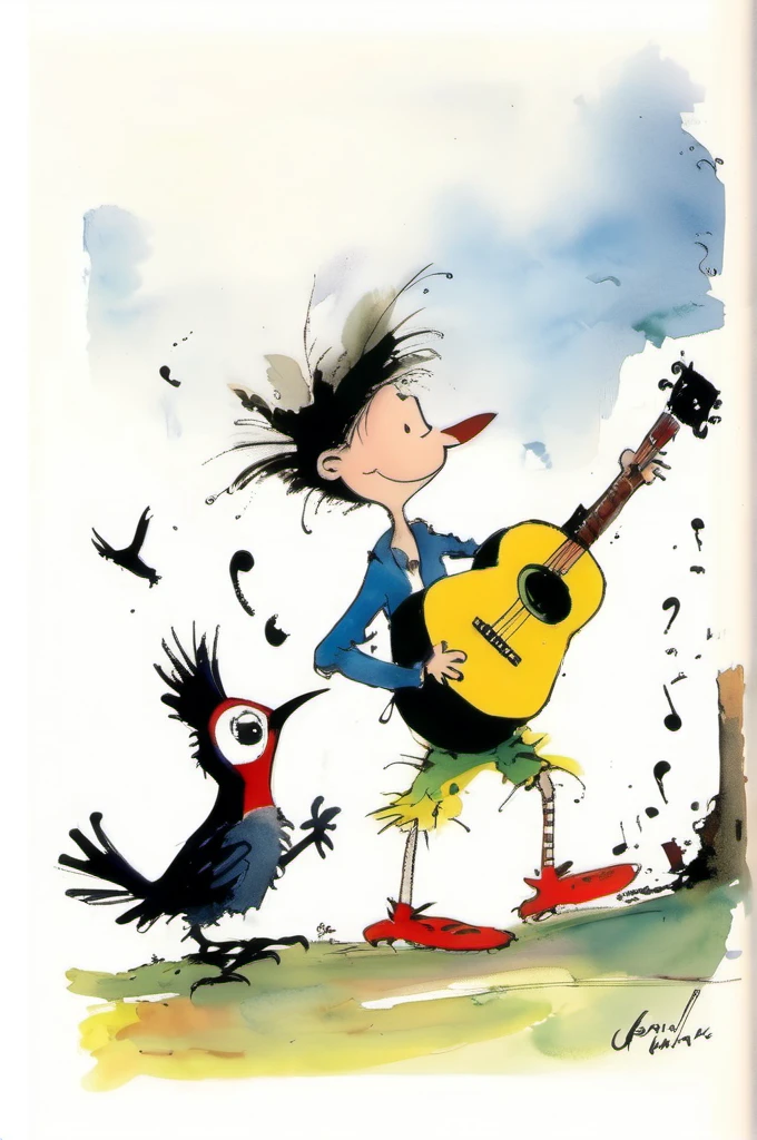Quentin Blake Style - Cartoon by Quentin Blake, Boy Playing Guitar,A woodpecker keeps a rhythm