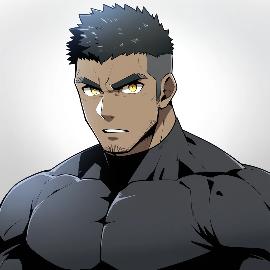 one negro, anime characters：Gyee, Hibino Kafka, One Muscle Sports Student, negro black skin, Very Black, muscular tough guy, Manliness, male focus, Grey long sleeve turtleneck tight t-shirt, Regular symmetrical pattern, Very tight, muscular male, muscular, only, Upper body, alone, Black short hair, Thick eyebrows, stubble, Yellow eyes, White background, simple background, amazing quality, best aesthetics, Ridiculous, bright pupils, crew cut, parted lips, v-shaped eyebrows, jitome, best quality