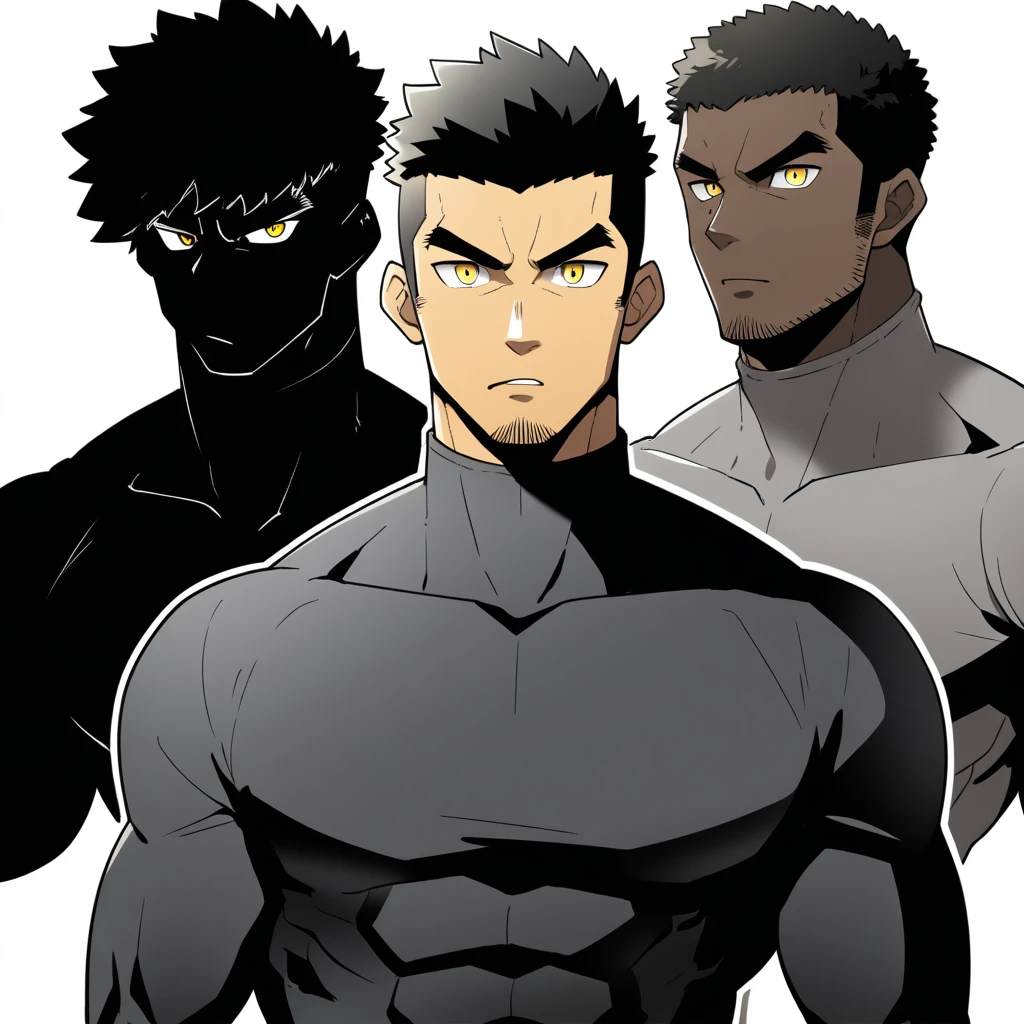 one negro, anime characters:Gyee, Hibino Kafka, One Muscle Sports Student, negro black skin, Very Black, muscular tough guy, Manliness, male focus, Grey long sleeve turtleneck tight t-shirt, Regular symmetrical pattern, Very tight, muscular male, muscular, only, Upper body, alone, Black short hair, Thick eyebrows, stubble, Yellow eyes, White background, simple background, amazing quality, best aesthetics, Ridiculous, bright pupils, crew cut, parted lips, v-shaped eyebrows, jitome, best quality