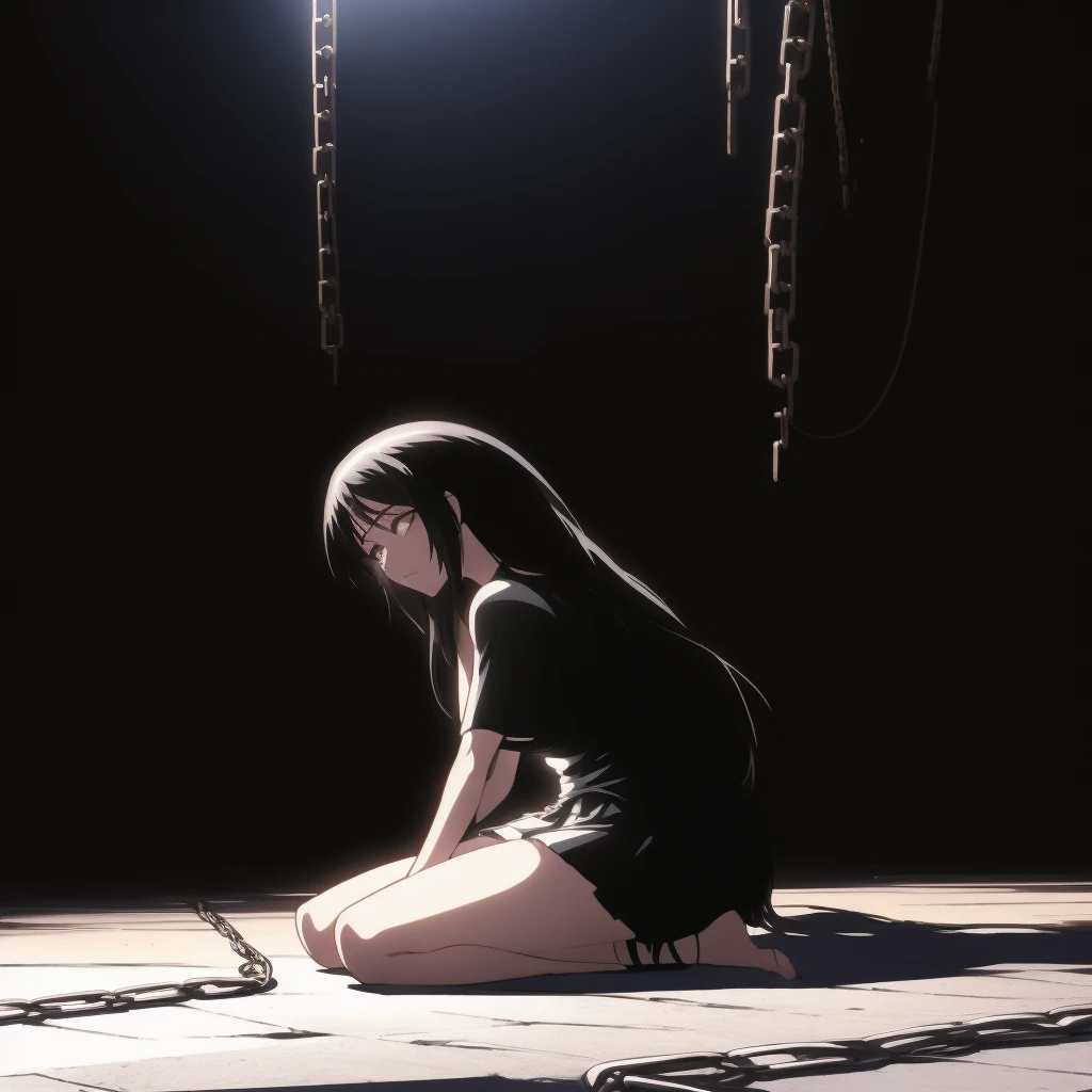 anime girl sitting on the floor with chains around her, the anime girl is crouching, anime. soft lighting, beautiful anime girl squatting, by Jin Homura, sui ishida with black hair, anime lighting, kneeling!!, tifa, tifa lockhart, a-1 pictures, noire moody scene, tifa lockheart