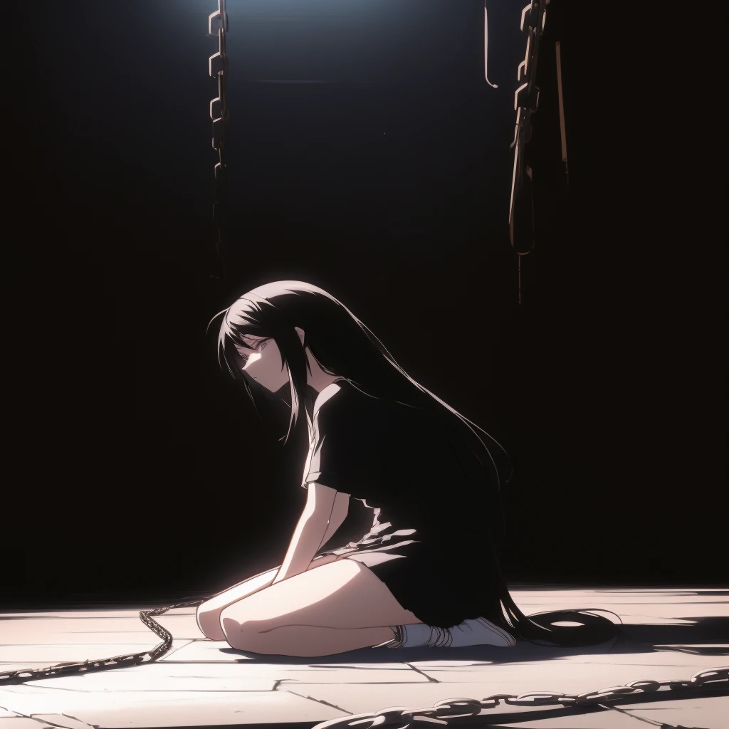 anime girl sitting on the floor with chains around her, the anime girl is crouching, anime. soft lighting, beautiful anime girl squatting, by Jin Homura, sui ishida with black hair, anime lighting, kneeling!!, tifa, tifa lockhart, a-1 pictures, noire moody scene, tifa lockheart