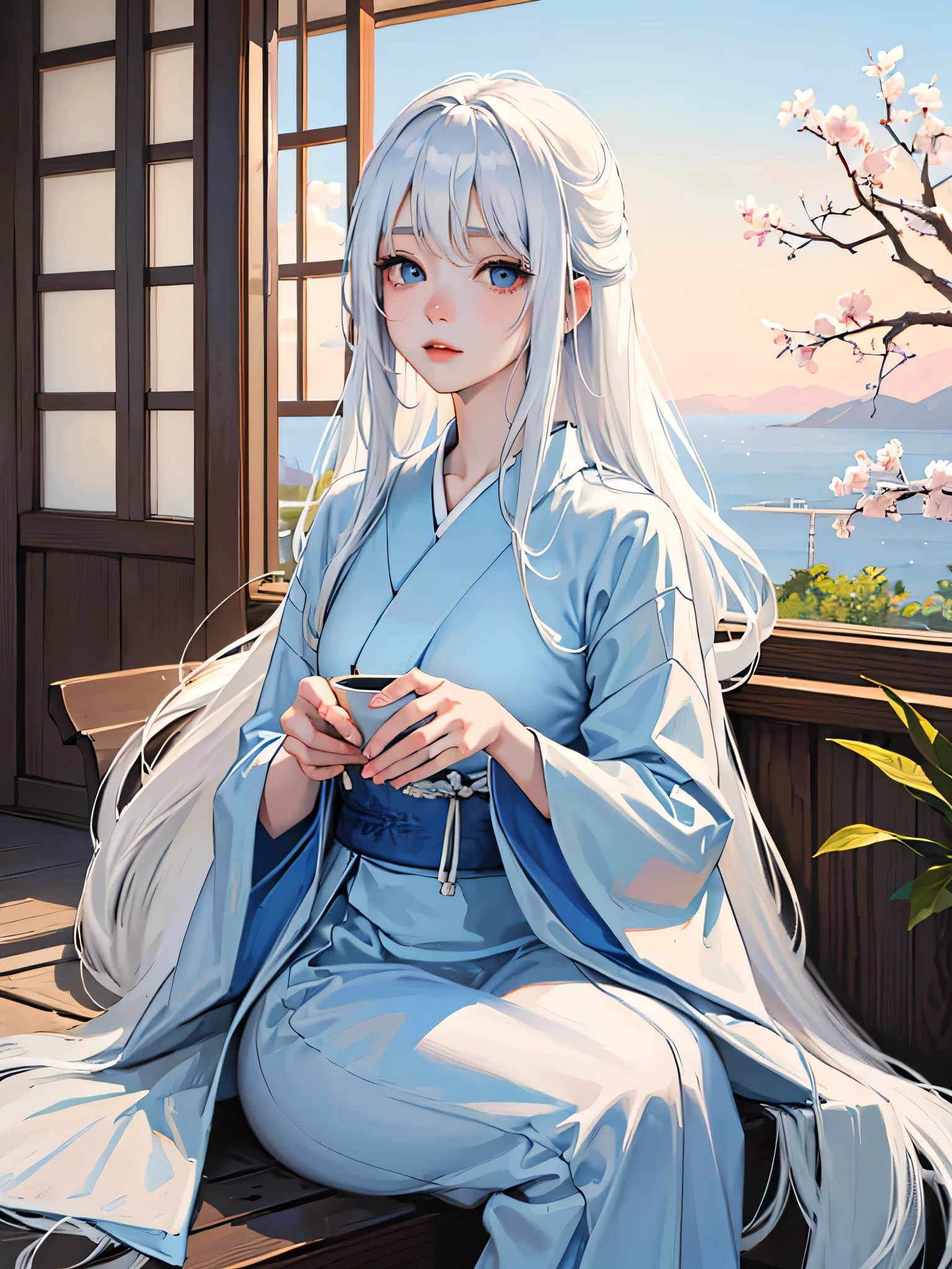 High quality, Japanese girl, long white hair, side bangs, blue eyes, beautiful, wide-eyed and beautiful, white skin, wearing a light blue kimono, sitting near the open shoji door with a beautiful view, early morning, morning sun, calming atmosphere.