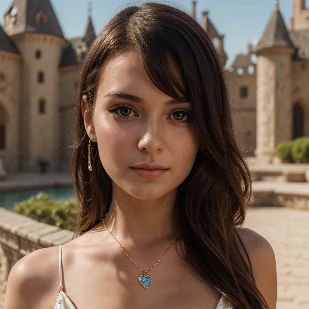 1girl in, 30 years old, Square face, Long hair, Looking at viewer, jewelry, Realistic, Sexy, princess outfit, castle background, free pose