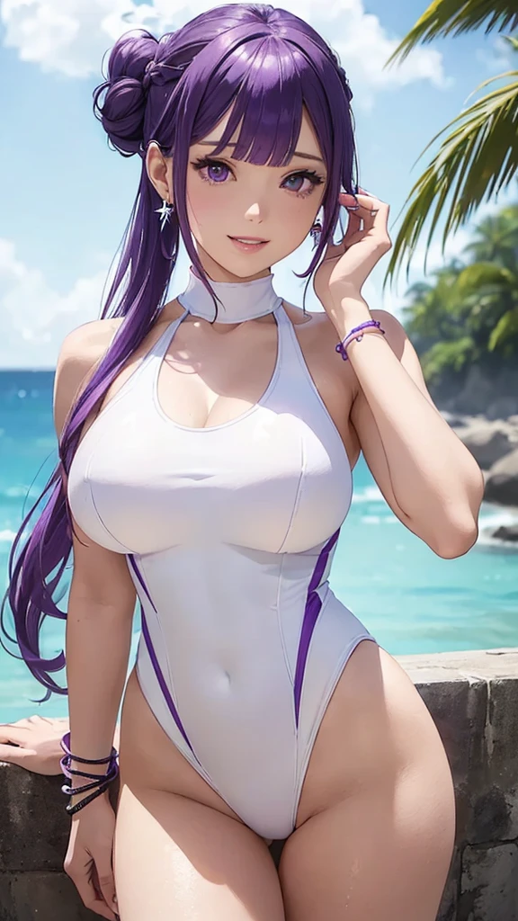 (((A woman wearing a white high-cut swimsuit))), (((Purple Hair、Updo)))、Purple Eyes、((Bangs))、Pink Lips、tiara, scenery, Sexy expression, ((Very detailed)), (Perfectly detailed face), (Detailed and well-drawn hand) 、Very large breasts、Cute Smile、Photorealistic images 、 Picture from the waist up、Earrings、bracelet、ring