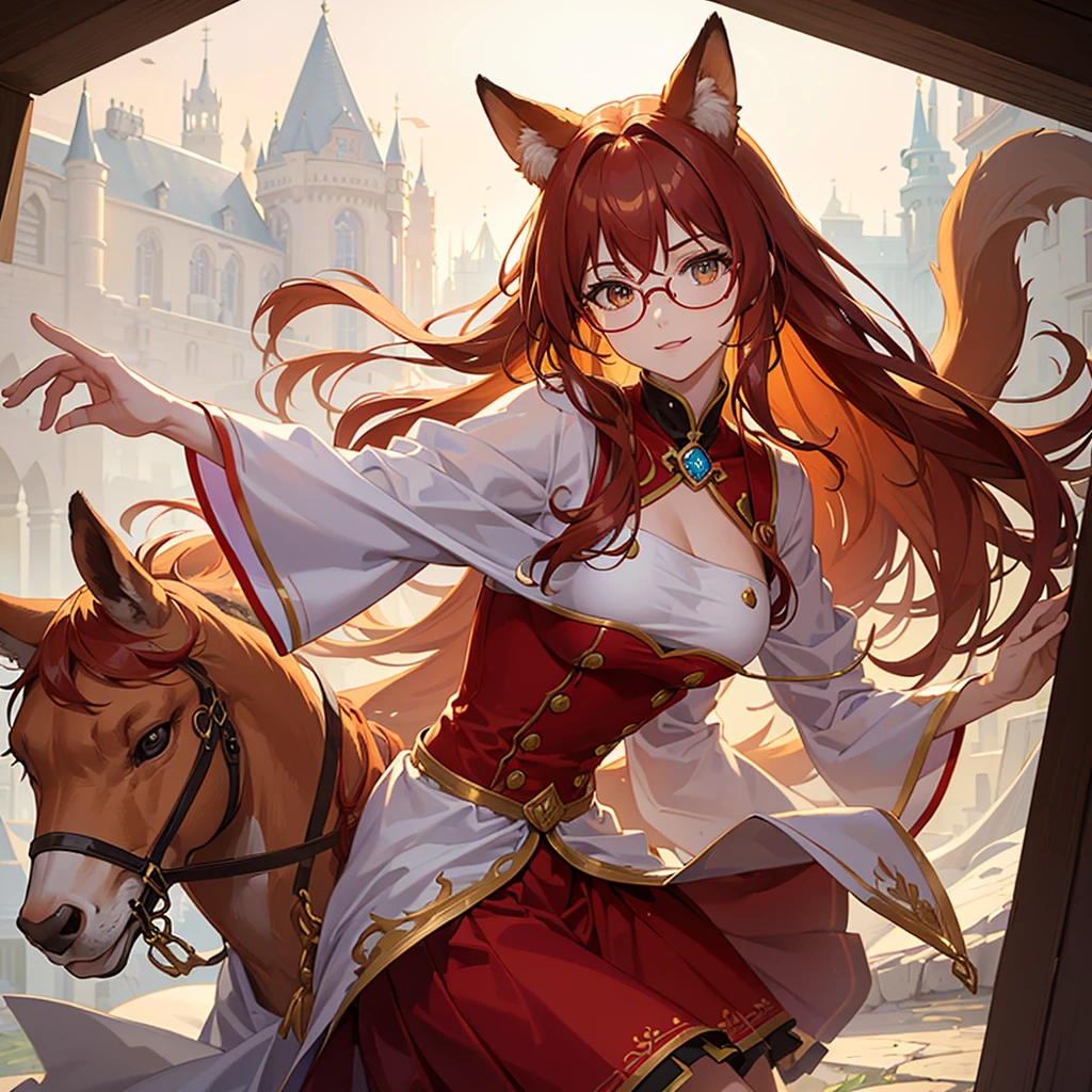 ((Best quality)), ((masterpiece)), (detailed), best quality，8k，original photo，This is a perfect face，Red Fox Maiden，touch fox，Castle Background， Liveliness. Carefree happy joy bokeh background. Quiet aesthetics. Soft lighting. Artistic Lighting. Gold frame glasses