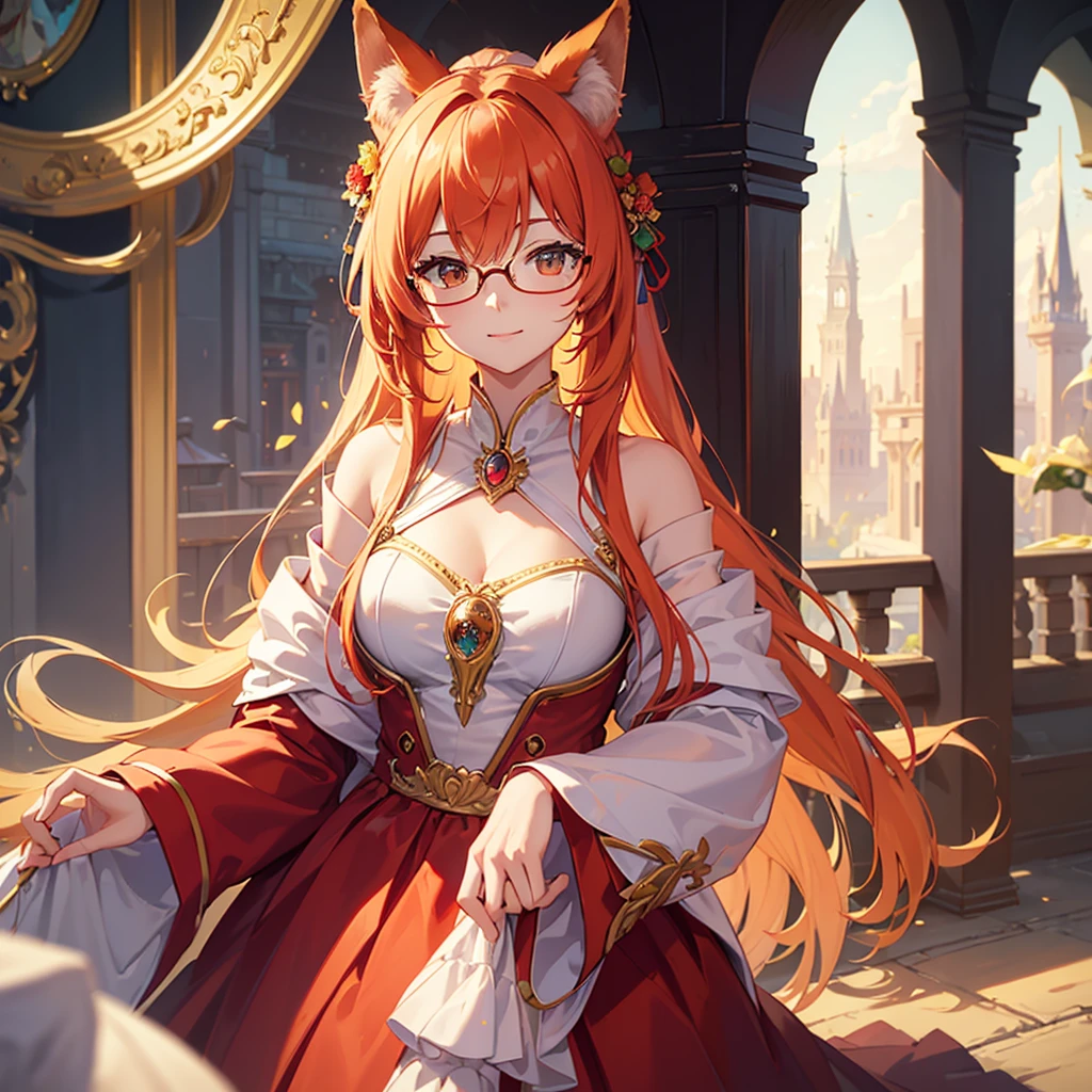 ((Best quality)), ((masterpiece)), (detailed), best quality,8k,original photo,This is a perfect face,Red Fox Maiden,touch fox,Castle Background, Liveliness. Carefree happy joy bokeh background. Quiet aesthetics. Soft lighting. Artistic Lighting. Gold frame glasses