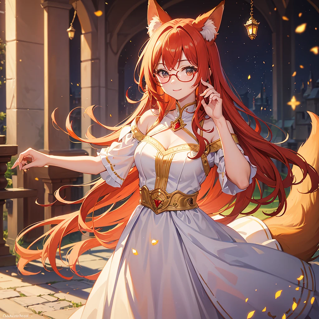 ((Best quality)), ((masterpiece)), (detailed), best quality,8k,original photo,This is a perfect face,Red Fox Maiden,touch fox,Castle Background, Liveliness. Carefree happy joy bokeh background. Quiet aesthetics. Soft lighting. Artistic Lighting. Gold frame glasses