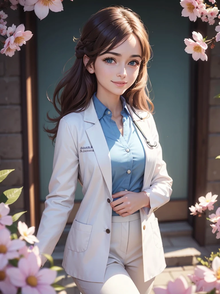 beautiful humanization of medicine, noble young smiling woman in a white medical coat, brown hair, huge light blue eyes full of kindness and happiness, blooming flowers, colors of shadows and light, color scheme, expressive careful detailed drawing, super detailed, delicate natural shades, shine, natural surroundings, beauty, good angle, double exposure, depth, sharpness, captivating haze