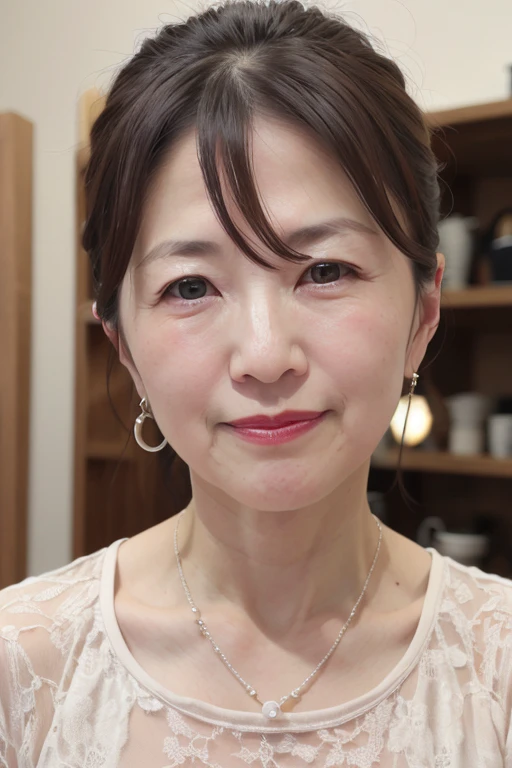 8k, 55 year old mature Japanese woman, Beautiful mature woman, Long eyelashes, Low Ponytail, Red lipstick, Pearl Necklace, Face Enhancement, Kissing Face,