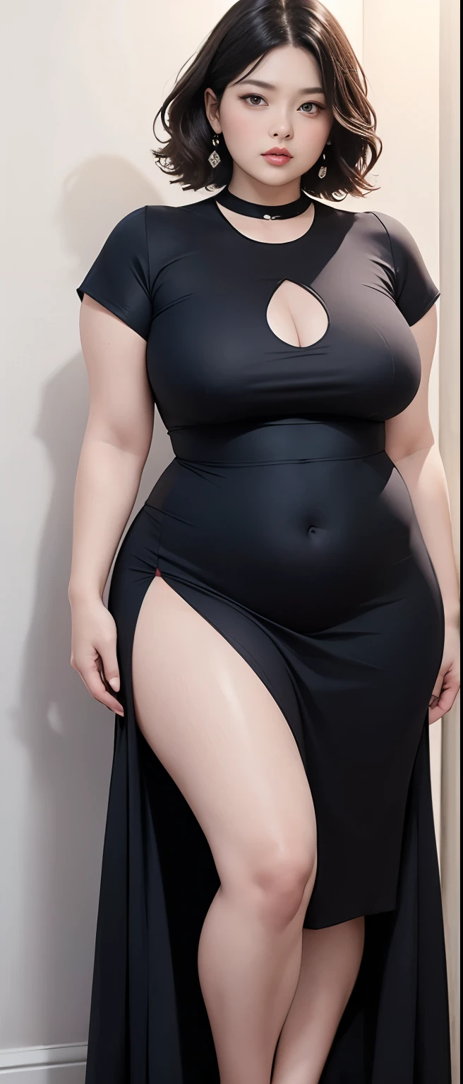 Chubby woman with chubby belly and tight thighs, full body, 50-year-old mature woman, thick hips, thick neck, thick chest, big eyes, wearing a longest dress, wavy medium short hair, Height 170 cm , full body 