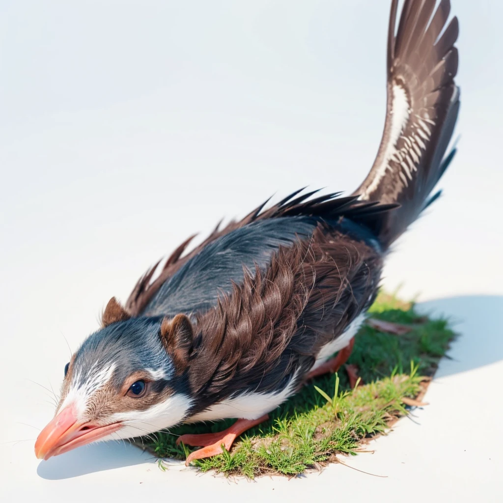 Small Animaly, has blue stripes on his skin, reds eyes, seagull mixed with beaver, Grassroots, no background