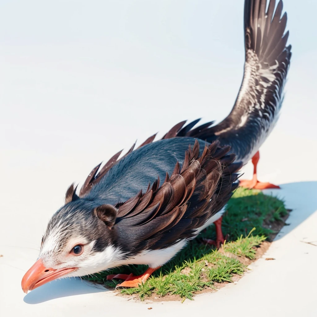 Small Animaly, has blue stripes on his skin, reds eyes, seagull mixed with beaver, Grassroots, no background