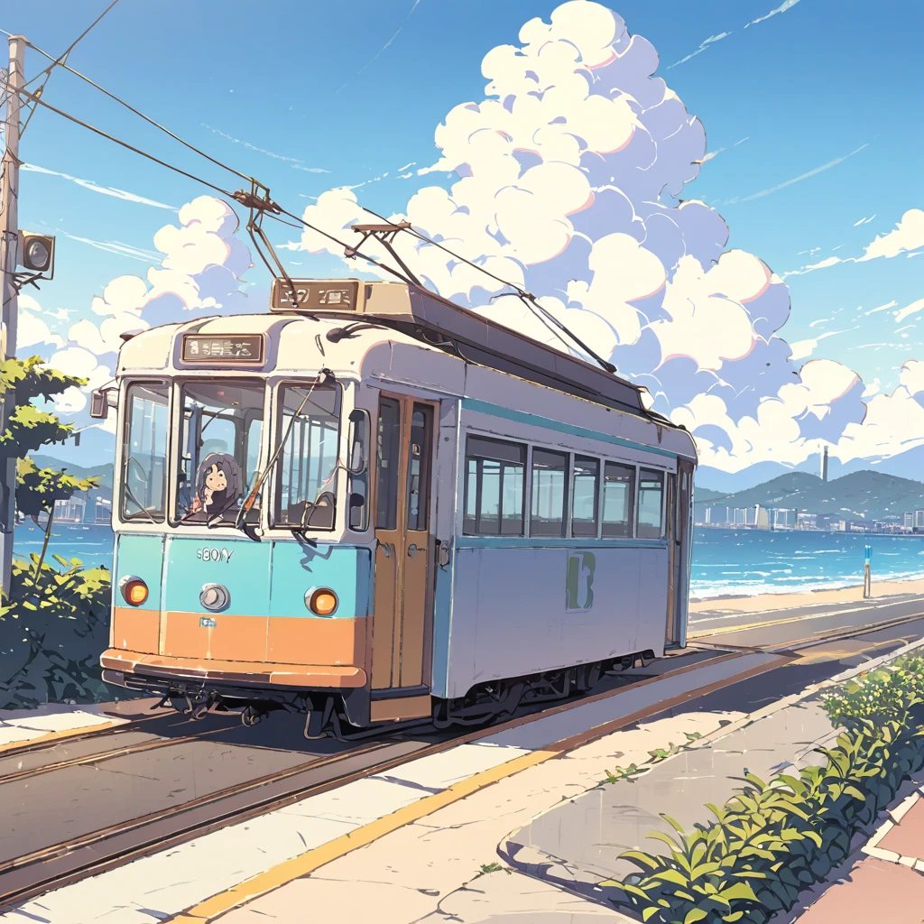 ((anime:1.4,illustration)),(masterpiece, top quality, best quality),(ultra-detailed, absolutely resolution),((16k, high res)), (((tram, seaside, blue sky, cumulonimbus cloud)) ((cozy lofi illustration:1.4)), ((anime:1.4, illustration)),(masterpiece, top quality, best quality),(ultra-detailed, absolutely resolution),((16k, high res)) BREAK {lofi art, style of Laurie Greasley, style of Makoto Shinkai, anime aesthetic}, BREAK { (produces images with information than 40 million pixels with cinematic-like detailed textures shot on a Sony SLR).}