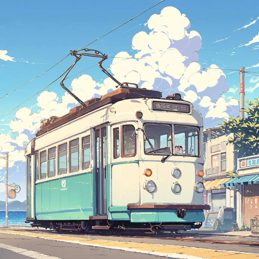 ((anime:1.4,illustration)),(masterpiece, top quality, best quality),(ultra-detailed, absolutely resolution),((16k, high res)), (((tram, seaside, blue sky, cumulonimbus cloud)) ((cozy lofi illustration:1.4)), ((anime:1.4, illustration)),(masterpiece, top quality, best quality),(ultra-detailed, absolutely resolution),((16k, high res)) BREAK {lofi art, style of Laurie Greasley, style of Makoto Shinkai, anime aesthetic}, BREAK { (produces images with information than 40 million pixels with cinematic-like detailed textures shot on a Sony SLR).}