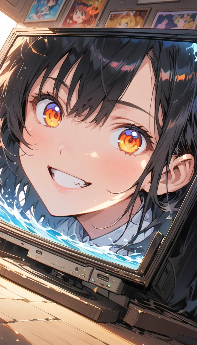 anime style, Ultra-fine illustrations, highly detailed, Dynamic Angle, beautiful detailed, 8k, In front of many CRT TVs, break various programs are being broadcasted. A woman stares at them, break smiling amidst the colorful scenes.(Highest quality、masterpiece、High resolution、detailed)animeスタイル、Flat Style、(Shining Eyes、detailed美しい顔),  break,Dynamic Angle、anime