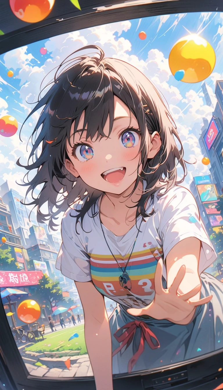 anime style, Ultra-fine illustrations, highly detailed, Dynamic Angle, beautiful detailed, 8k, In front of many CRT TVs, break various programs are being broadcasted. A woman stares at them, break smiling amidst the colorful scenes.(Highest quality、masterpiece、High resolution、detailed)animeスタイル、Flat Style、(Shining Eyes、detailed美しい顔),  break,Dynamic Angle、anime