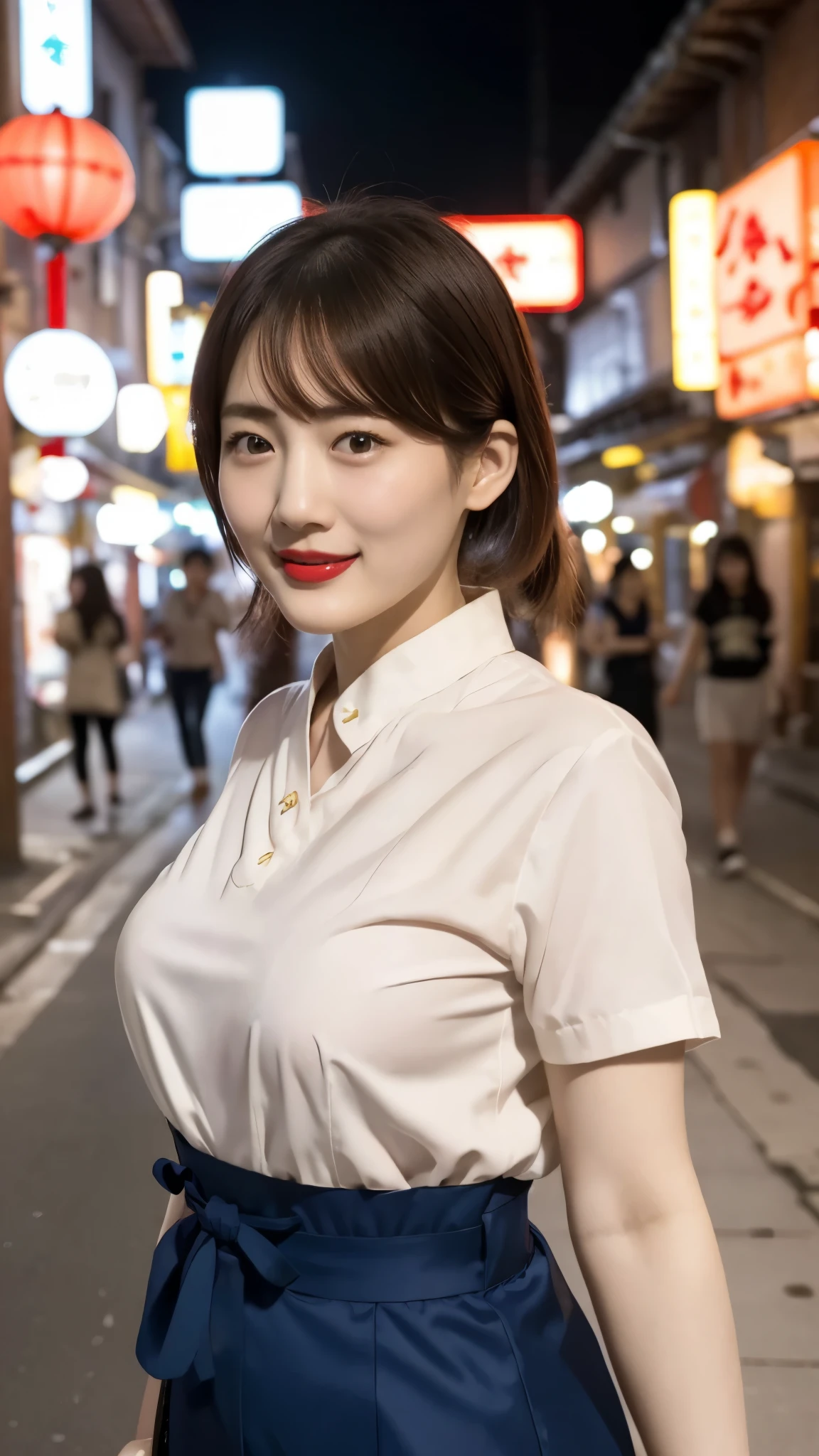 Japanese women、One person、Living in 昔のChinatown、Slightly chubby、Chinese style hair、Laughing with your mouth open、Red lipstick、Short sleeve blue cheongsam、Sexy pose、Very short、Old town、Chinatown at night、The lighting is bright、
