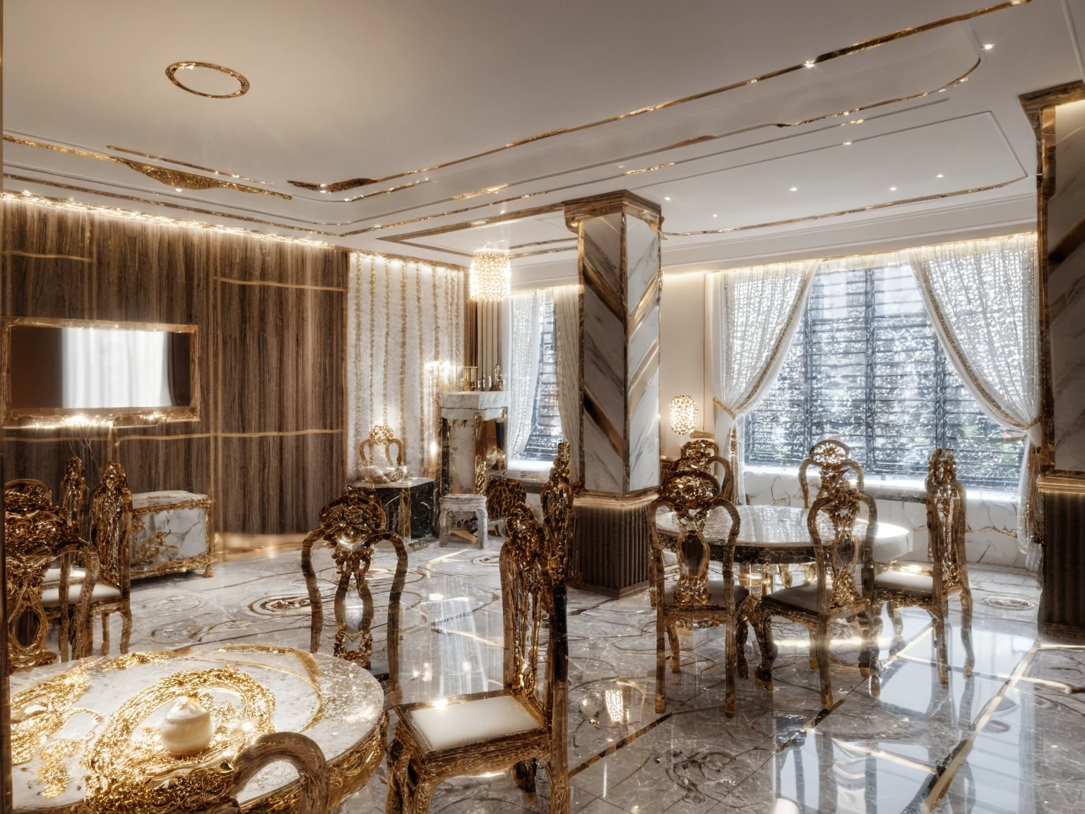 ,Masterpiece, Best quality,8K, Ultra-high resolution,When you step into the dinning room of restaurant room,Immediately surrounded by a rich atmosphere of luxury. The space  was covered with a soft white fluffy blanket,It is so comfortable,So much so that you can't help but indulge in it。Embellished with precious porcelain and white-off gold ornaments。Whenever it is late afternoon,The afterglow from the window spilled on the floor,Soft light and shadow are reflected,It was as if entering a dreamland. ((Wooden chair and table : 1.3)), ((COLUMN MIRROR : 1.3))