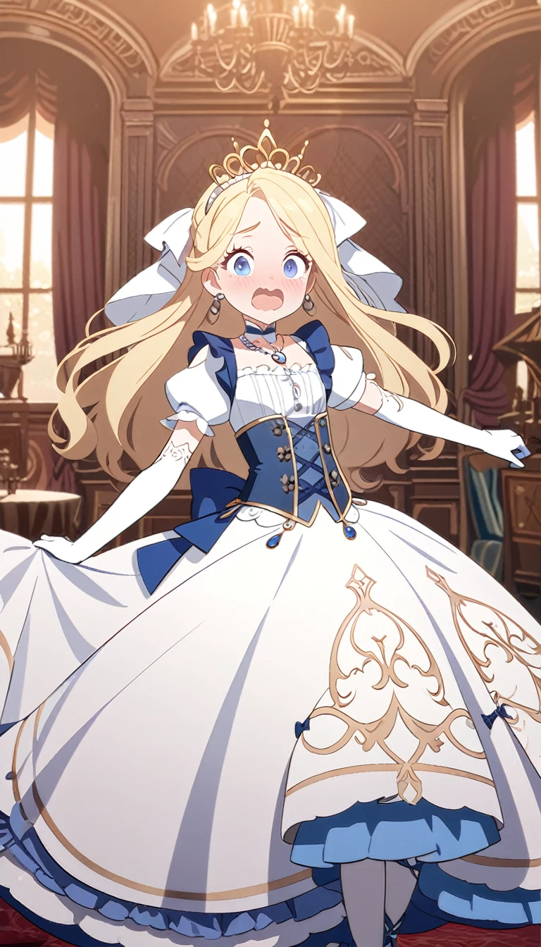 (best quality,4k,8k,highres,masterpiece:1.2),ultra-detailed,  prince magically transformed into a cute seven years old princess, is embarrassed, gender bending, fantasy, royalty, fantastic transformation, drawn in anime art style, steampunk, childlike, young girl, blond hair and blue eyes, blushing, flat chested, blue and white princess gown with puffy sleeves, physically-based rendering,gorgeous dress design,flowing gown,elaborate lace details,rich textures,contrast stitching,delicate ribbon bows,floral accents,long maxi skirt,short sleeves,fitted waistline,lace-up back,luxurious fabrics,flawless silhouette, bow tie, petticoat, white pantyhose, white elbow gloves, corset, gold earrings and necklace, tiara, hair ribbons, mary jane shoes, standing in a castle bedroom.