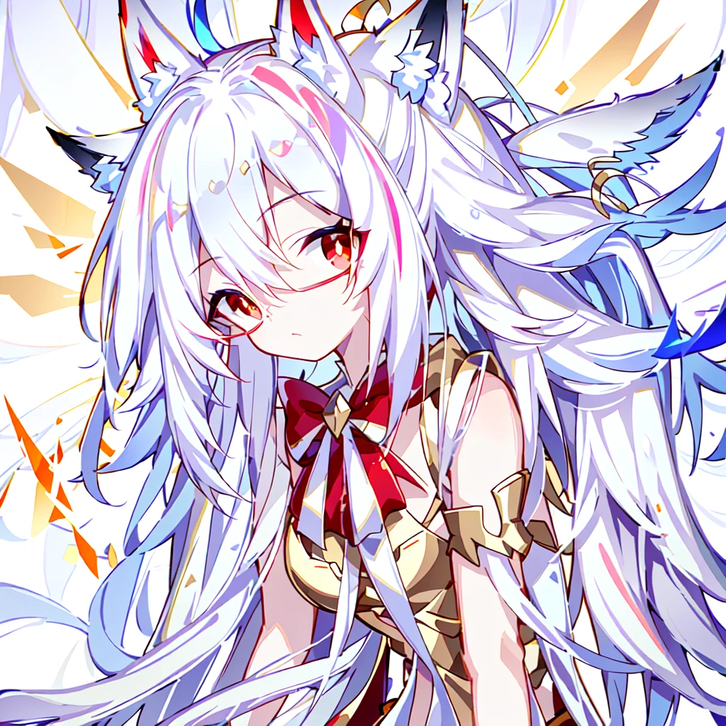 Fox-eared maiden,baby face, No makeup, Provocative expressions,slim, Perfect proportion, White straight hair, (wind, wind-effect), Red Eyes, Various visual styles for backgrounds,combines various artistic elements,like a sparkling iridescent rainbow,underwear,Gold frame glasses