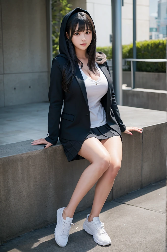 Girl with long black hair wearing a blazer with a hood tall Slightly larger breasts With bangs Foot thin